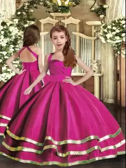 Glorious Floor Length Fuchsia Evening Gowns Organza Sleeveless Ruffled Layers and Ruching