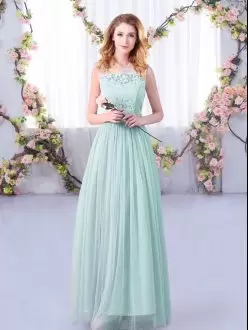 Light Blue Sleeveless Floor Length Lace and Belt Side Zipper Bridesmaid Dresses Scoop