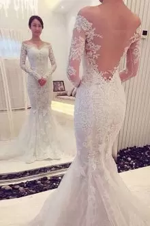 White Off The Shoulder Neckline Lace and Appliques Wedding Dress Long Sleeves Side Zipper