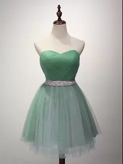 Green Lace Up Bridesmaid Dresses Beading and Ruching Sleeveless Mini Length