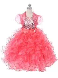 Custom Made Coral Red Ball Gowns Ruffles and Sequins and Bowknot High School Pageant Dress Lace Up Organza Sleeveless Floor Length