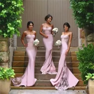 Fitting Pink Mermaid Lace Bridesmaids Dress Zipper Satin Sleeveless