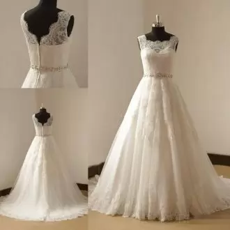 On Sale Brush Train A-line Wedding Dresses White Square Tulle Sleeveless Zipper