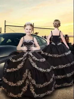 Black Lace Up Spaghetti Straps Embroidery and Ruffled Layers Custom Made Pageant Dress Taffeta Sleeveless