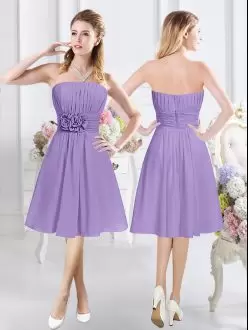 Latest Chiffon Sleeveless Knee Length Wedding Guest Dresses and Ruching and Hand Made Flower