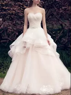 Modern Pink Tulle Lace Up Sweetheart Sleeveless Wedding Gowns Brush Train Lace and Ruffles