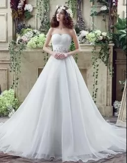 Eye-catching White A-line Organza Sweetheart Sleeveless Beading Lace Up Wedding Dresses Court Train