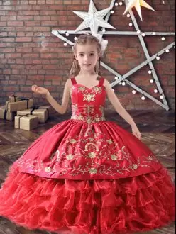 Red Ball Gowns Satin and Organza Straps Sleeveless Embroidery and Ruffled Layers Floor Length Lace Up Little Girl Pageant Dress