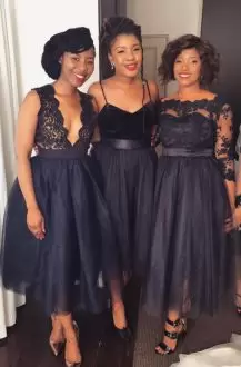 Navy Blue Scalloped Appliques Bridesmaids Dress Tulle Sleeveless