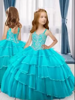 Spaghetti Straps Sleeveless Tulle Pageant Dress Wholesale Beading and Ruffled Layers Lace Up