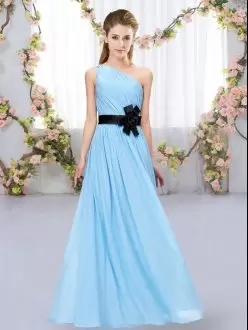 Wonderful Empire Bridesmaid Dress Aqua Blue One Shoulder Chiffon Sleeveless Floor Length Zipper