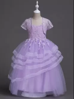 Lavender Sleeveless Appliques and Ruffled Layers Floor Length Flower Girl Dresses for Less