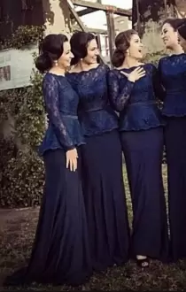 Navy Blue High-neck Lace Wedding Guest Dresses Satin Long Sleeves