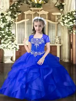 Sleeveless Straps Lace Up Floor Length Beading and Ruffles Little Girl Pageant Gowns Straps