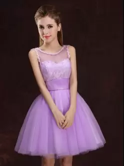 Pretty Lilac Scoop Neckline Lace and Ruching Bridesmaid Dress Sleeveless Lace Up
