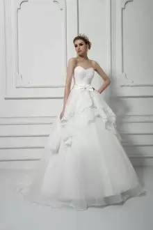 White Sleeveless Brush Train Beading and Lace and Bowknot Wedding Dresses