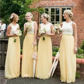 Dramatic Sleeveless Floor Length Beading and Lace Lace Up Wedding Party Dress with Light Yellow