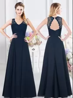 Customized Navy Blue Sleeveless Floor Length Lace and Ruching Backless Wedding Party Dress V-neck