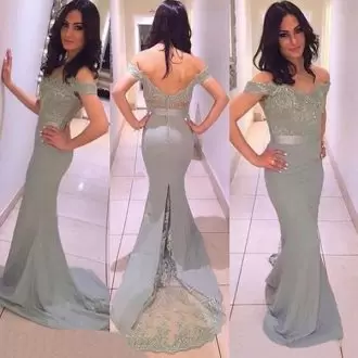 Grey Sleeveless Sweep Train Beading and Lace Floor Length Bridesmaid Gown