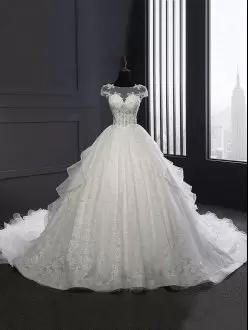 Organza Cap Sleeves Wedding Gowns Cathedral Train and Lace