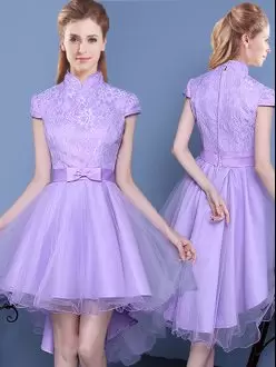High End A-line Bridesmaid Dress Lavender High-neck Tulle Short Sleeves High Low Zipper