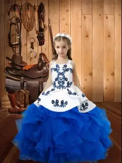 Blue Lace Up Straps Embroidery and Ruffles Little Girls Pageant Dress Organza Sleeveless