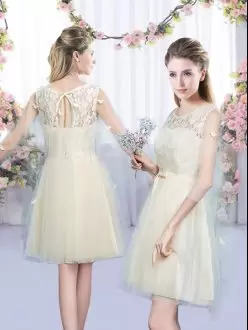 Extravagant Champagne Tulle Lace Up Scoop Sleeveless Mini Length Bridesmaid Dress Lace and Bowknot