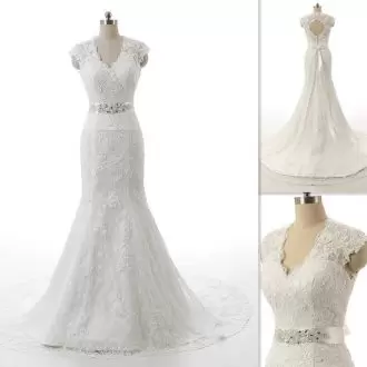Beading and Lace and Appliques Wedding Gown White Zipper Sleeveless With Brush Train