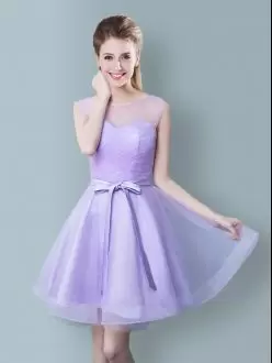 Lavender Tulle Zipper Scoop Sleeveless Knee Length Wedding Party Dress Ruching and Bowknot