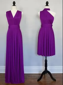 Purple Sleeveless Floor Length Beading and Ruching Lace Up Wedding Guest Dresses Halter Top