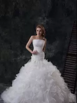 Custom Made White Sleeveless Brush Train Ruffles and Ruching Wedding Dress