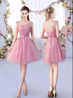 Pink A-line Tulle Scoop Sleeveless Appliques and Belt Mini Length Lace Up Dama Dress