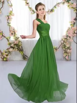 Cute Green Bridesmaid Gown Wedding Party with Ruching One Shoulder Sleeveless Lace Up
