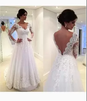 White V-neck Neckline Appliques Wedding Gowns Long Sleeves Backless