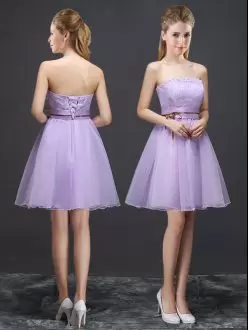 Affordable Mini Length Lavender Bridesmaid Dress Organza Sleeveless Lace and Belt