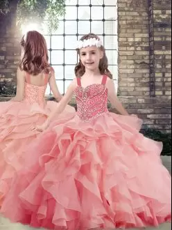 Beading and Ruffles Kids Pageant Dress Watermelon Red Lace Up Sleeveless Floor Length