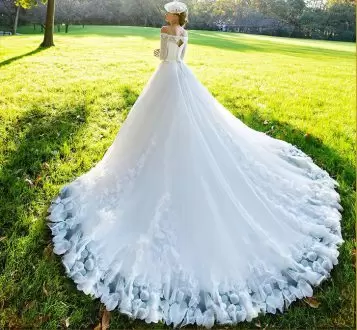 White Wedding Dress Chapel Train Long Sleeves Beading and Appliques and Bowknot
