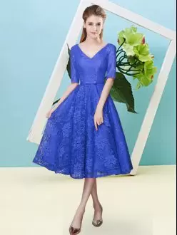 Designer Bowknot Bridesmaids Dress Royal Blue Lace Up Half Sleeves Tea Length
