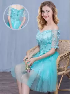 Extravagant Aqua Blue Empire Off The Shoulder Short Sleeves Tulle Knee Length Lace Up Lace and Appliques and Bowknot Vestidos de Damas