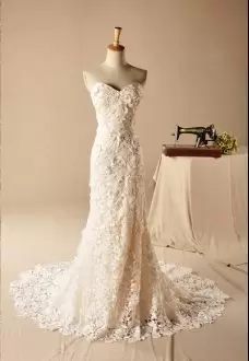 Lace Sleeveless With Train Wedding Gown Brush Train and Lace and Appliques