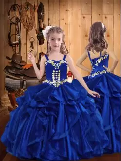 Royal Blue Organza Lace Up Little Girls Pageant Dress Sleeveless Floor Length Embroidery and Ruffles