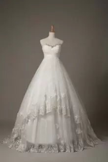 Beauteous Court Train Ball Gowns Bridal Gown White Sweetheart Tulle Sleeveless Lace Up