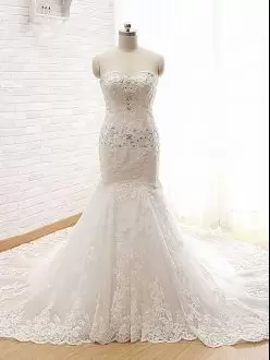 Sleeveless Beading and Lace and Appliques Lace Up Wedding Dress with White Court Train