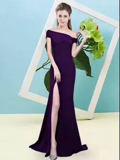 Off The Shoulder Sleeveless Bridesmaid Dress Floor Length Ruching Dark Purple Elastic Woven Satin