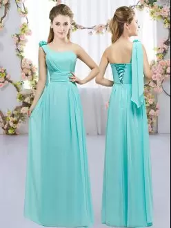 Hand Made Flower Bridesmaids Dress Aqua Blue Lace Up Sleeveless Floor Length