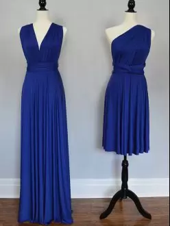 Glamorous Royal Blue Chiffon Lace Up One Shoulder Sleeveless Floor Length Vestidos de Damas Ruching