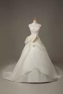 Zipper Bridal Gown White for Wedding Party with Beading and Lace and Hand Made Flower Court Train