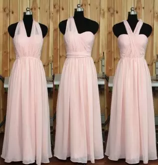 Colorful Baby Pink Zipper Bridesmaid Gown Ruching Sleeveless Floor Length