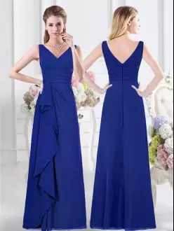 Graceful V-neck Sleeveless Bridesmaid Dress Floor Length Ruffles and Ruching Royal Blue Chiffon