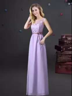 Smart Sleeveless Chiffon Floor Length Lace Up Damas Dress in Lavender with Lace and Appliques and Belt